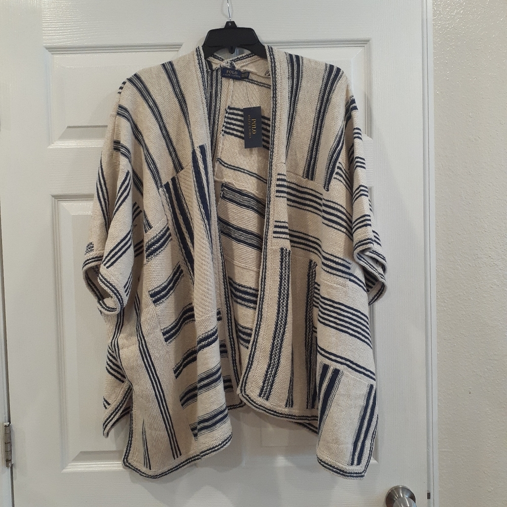 Ralph Lauren Open Poncho Cream Striped Sweater